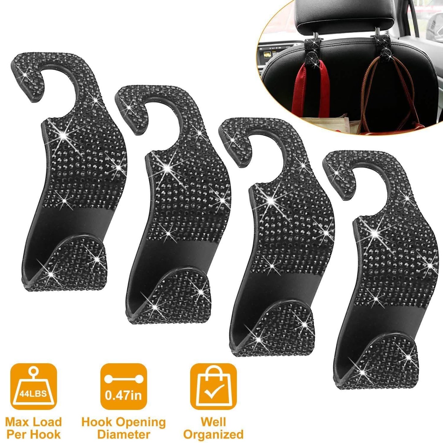 4-Pack: Car Headrest Hooks Bling Rhinestones Back Seat Organizer Hanger Holder DailySale
