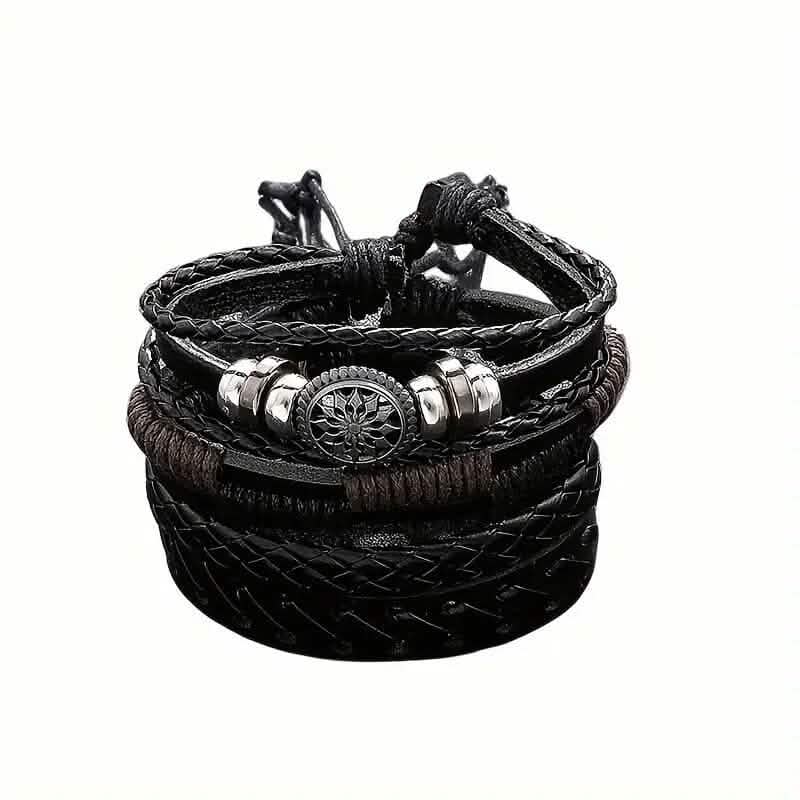 4-Piece Set: Exquisite Vintage-Style PU Leather Woven Handmade Charm Bracelets for Men DailySale