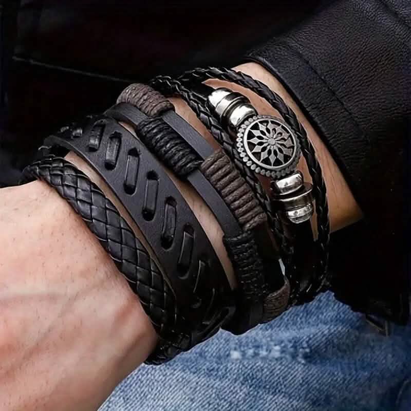 4-Piece Set: Exquisite Vintage-Style PU Leather Woven Handmade Charm Bracelets for Men DailySale
