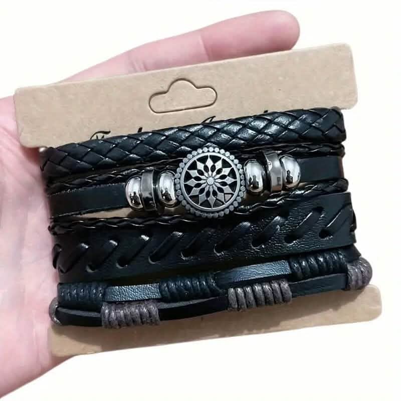 4-Piece Set: Exquisite Vintage-Style PU Leather Woven Handmade Charm Bracelets for Men DailySale