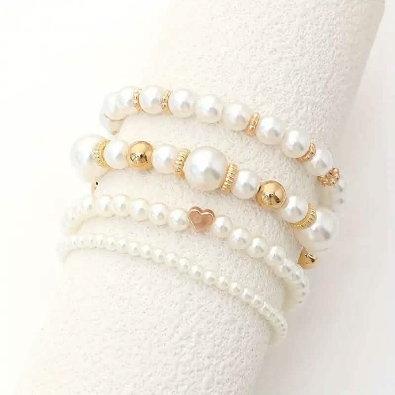 4-Pieces: Elegant White Faux Pearls Beaded Handmade Hand String Jewelry Set DailySale
