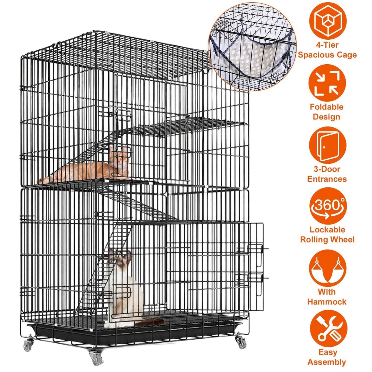 4-Tier Cat Cage with 360° Lockable Wheels, 3 Doors, 3 Ladders and 1 Hammock DailySale