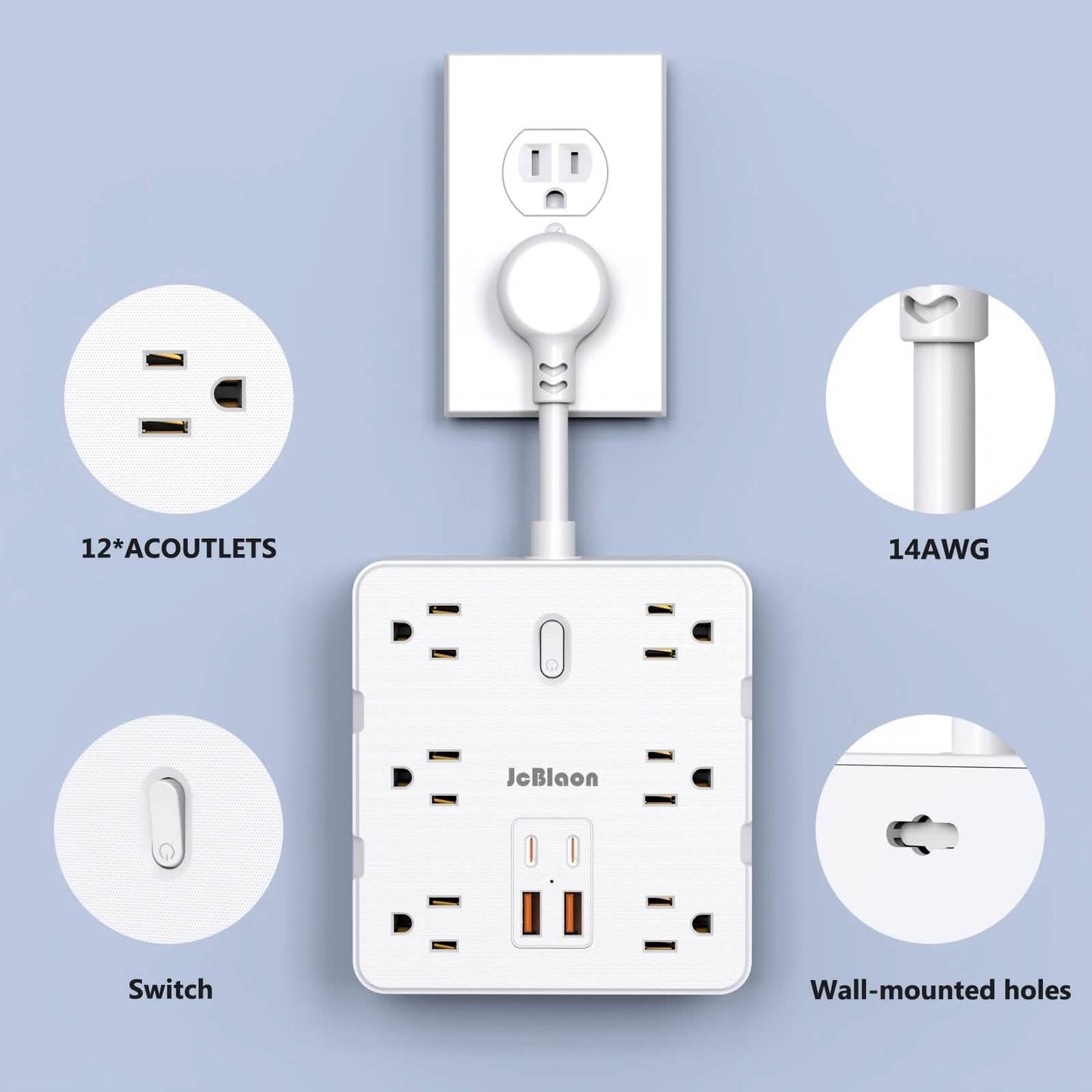 16-in-1 Power Strip – 12 AC Outlets & 4 USB Ports, White DailySale
