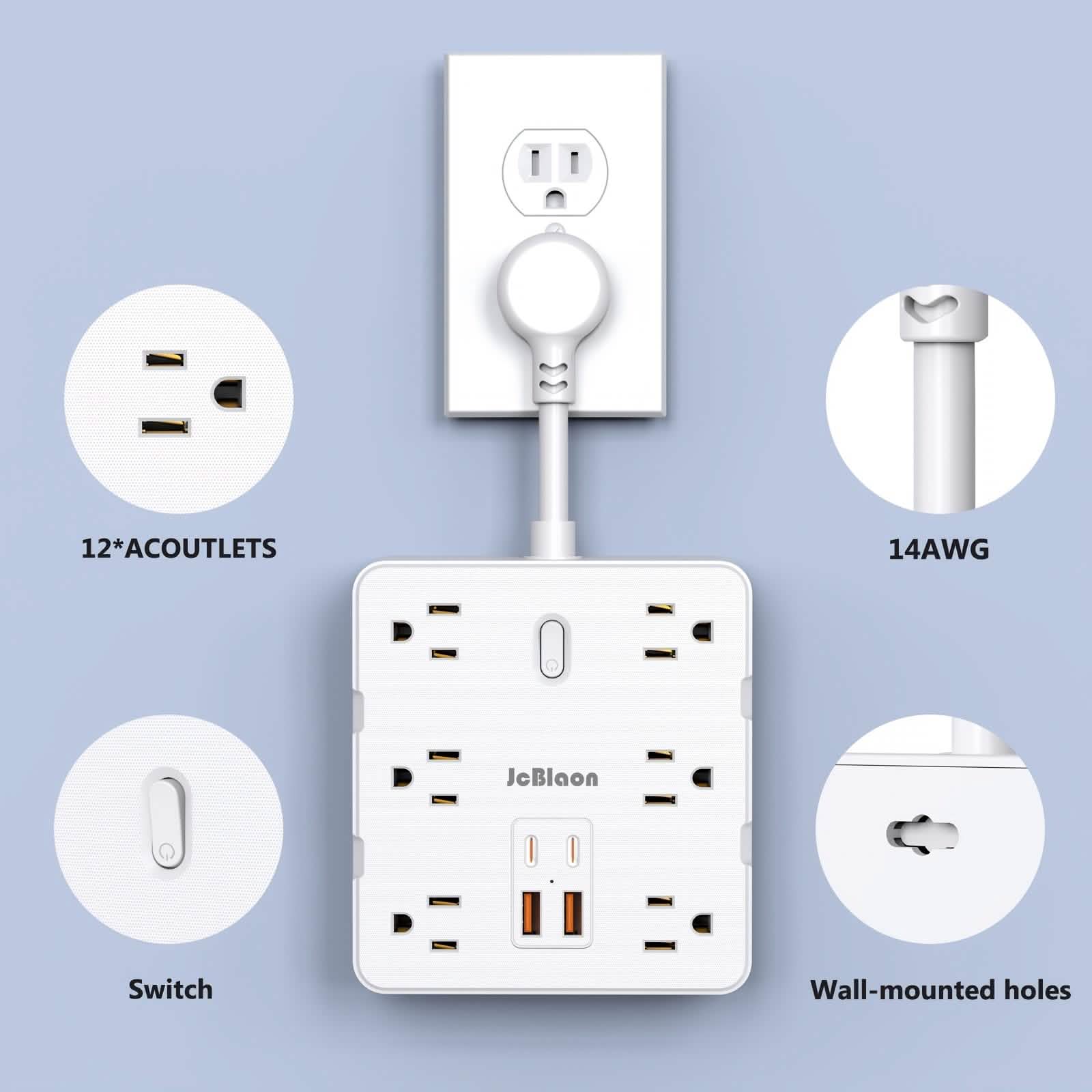 16-in-1 Power Strip – 12 AC Outlets & 4 USB Ports, White DailySale