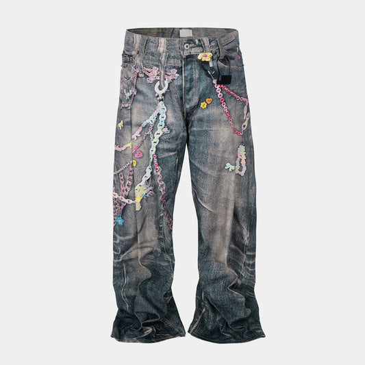 Candy Chain Washed Baggy Jeans - Y2K Cyber Aesthetic Denim | LuxuryUrbanwear - Luxuryurbanwear