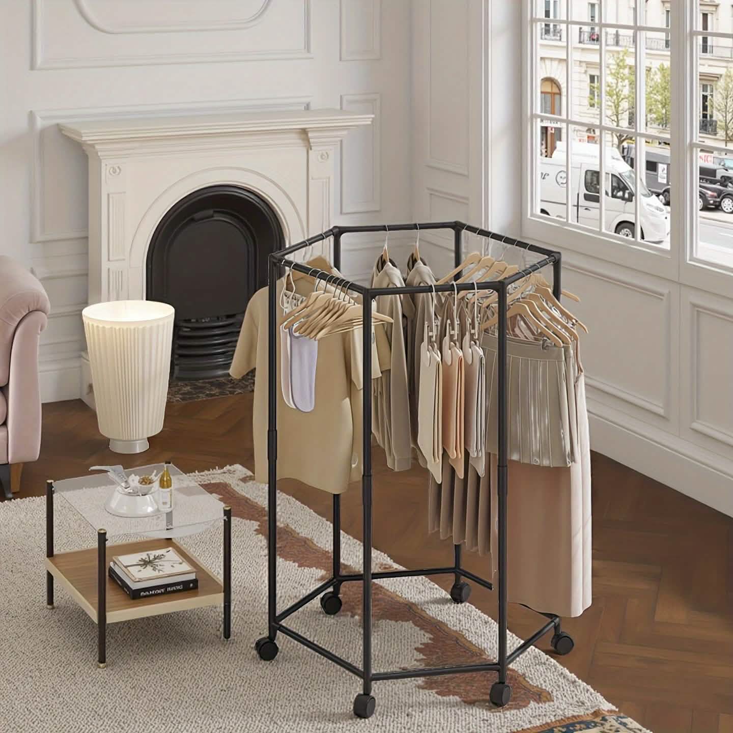 360° Rotating Freestanding Clothing Rack – Hexagonal Carbon Steel Organizer with Wheels DailySale