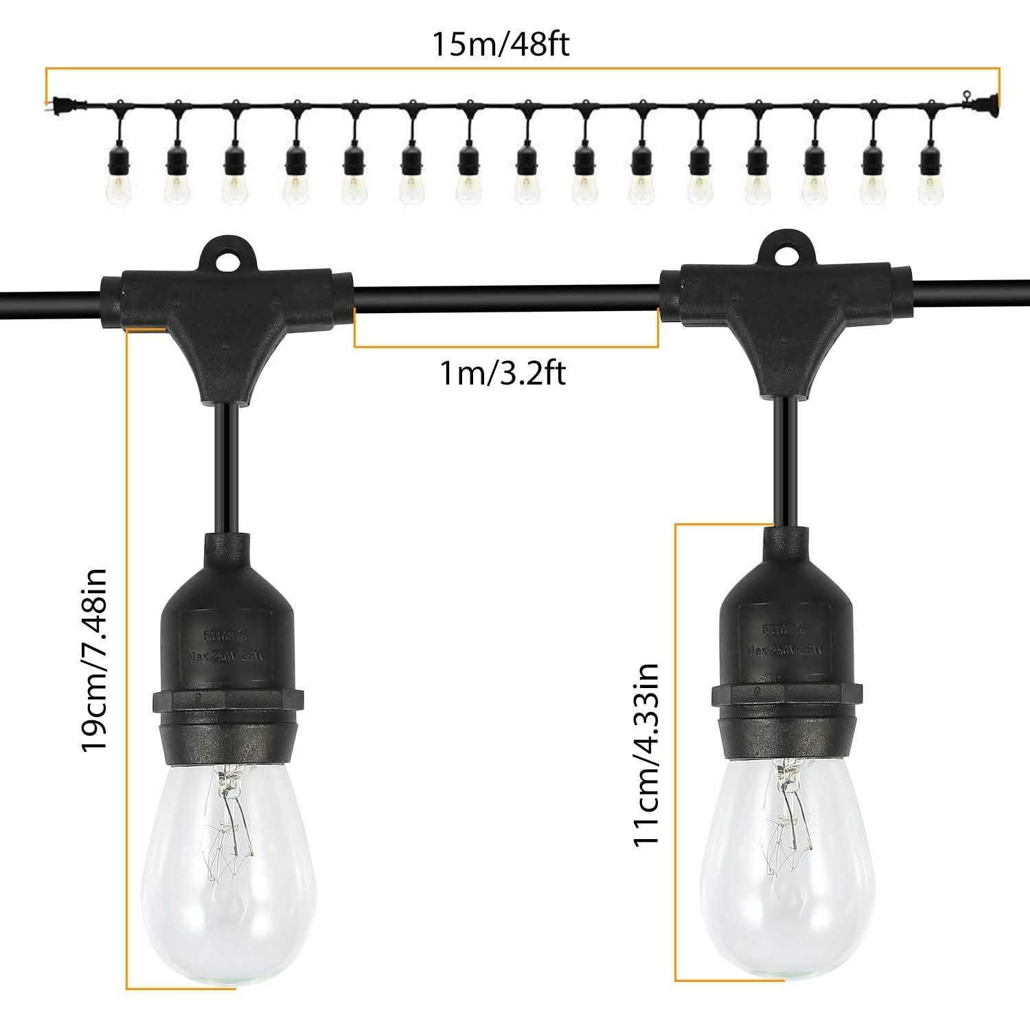 48ft Outdoor String Light Waterproof Patio String Lights Bulbs DailySale