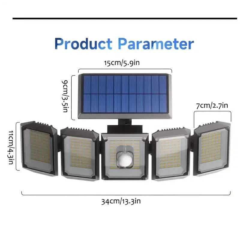 5 Heads Solar 300 LED Light Outdoor Motion Sensor Waterproof Wide-angle Illumination Wall Lamp DailySale