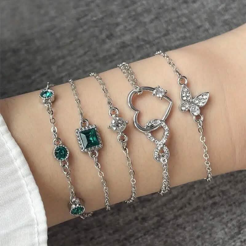 5-Pieces: Love Full Throw Diamond Shining Infinite Symbol Geometry Green Rhinestone Bracelet Set DailySale