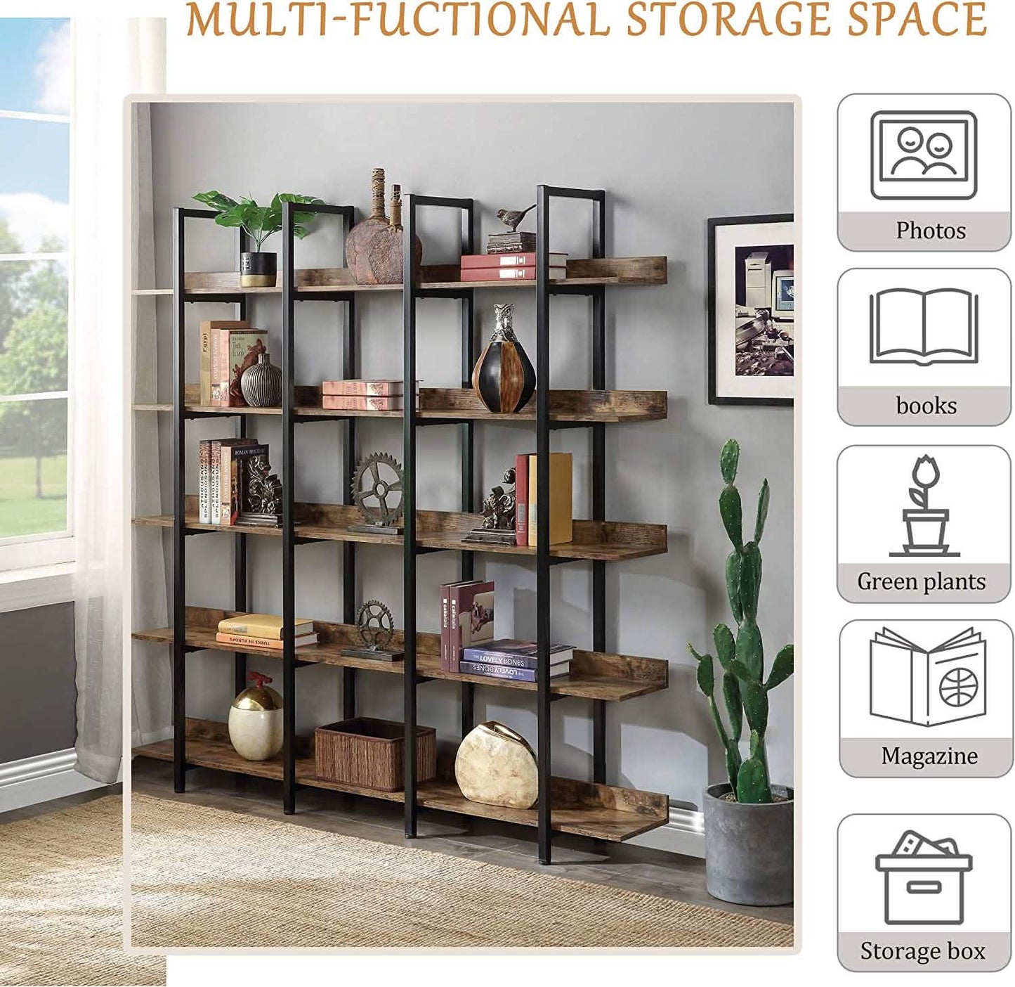 5-Tier Bookcase Tall Bookshelf, Storage Shelf with Metal Frame DailySale
