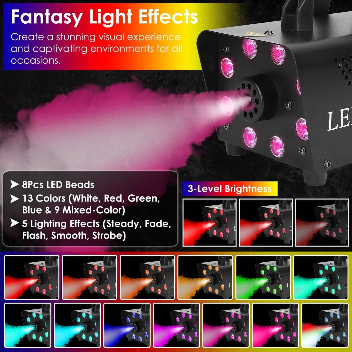 500W Fog Machine 2000CFM Colorful Smoke Machine with 8-Pieces LEDs 5 Lighting Effects 3-Level Brightness DailySale