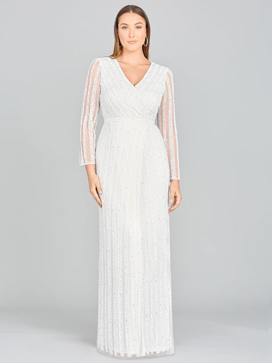 Lara Blair Long-Sleeve Beaded Surplice Sheath Gown Lara New York