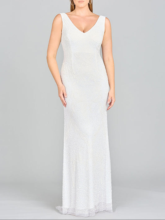 Lara Erika Beaded Draped Cowl Back V-Neck Wedding Dress Lara New York