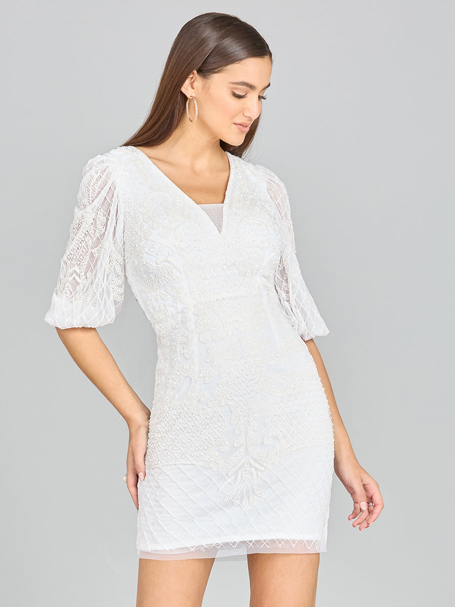 V-Neck Beaded Bridal Short with Sleeves Lara New York
