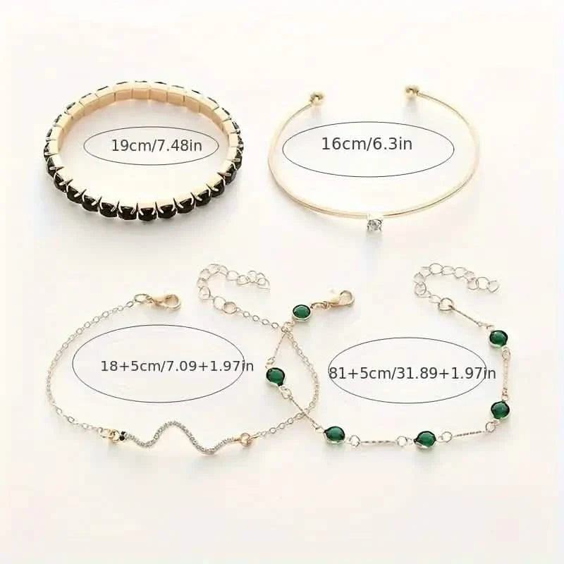 4pcs Green Emerald Rhinestone Snake Bracelet Set for Women DailySale
