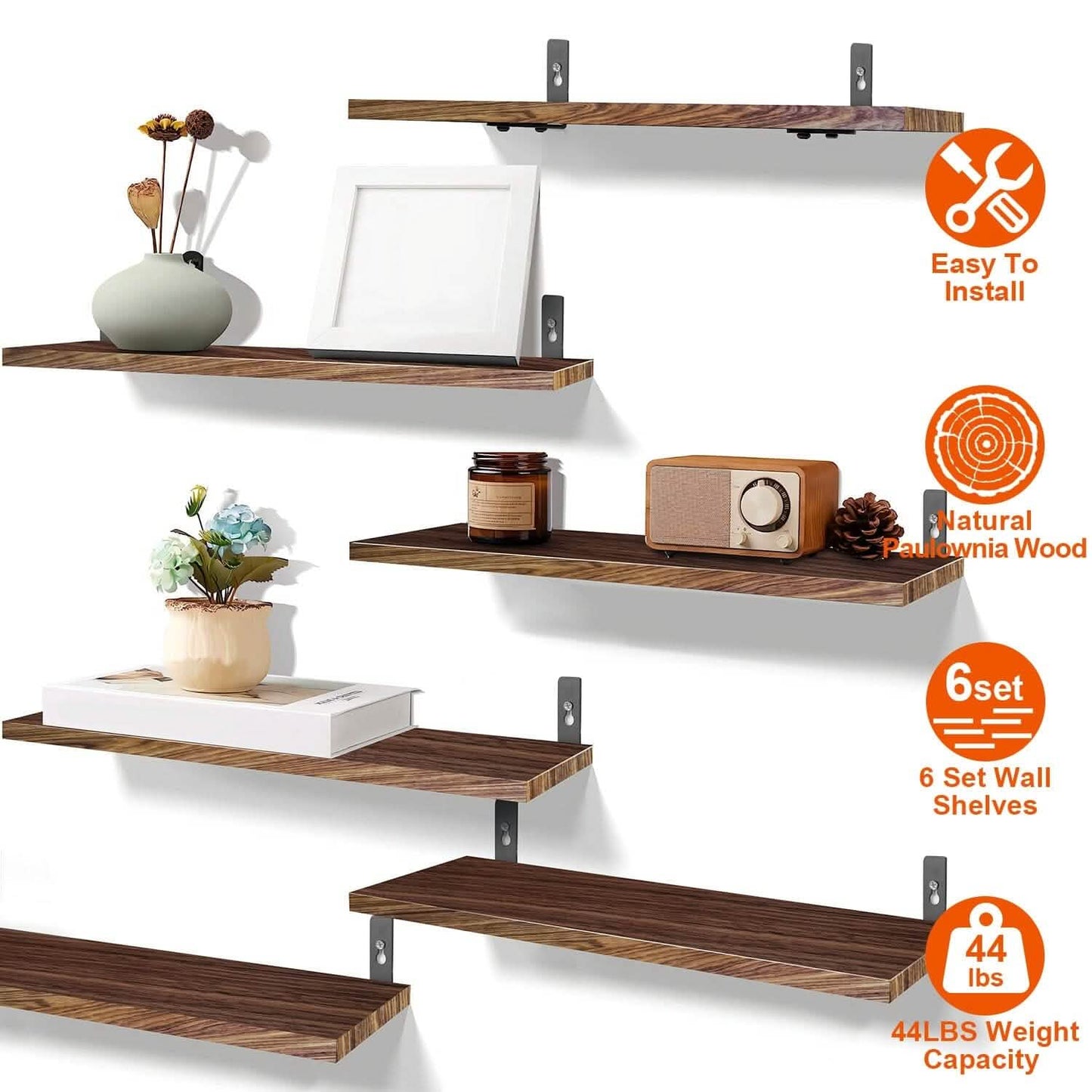 6-Piece Set: Wall Mounted Shelve Wood Storage Metal Bracket Display DailySale