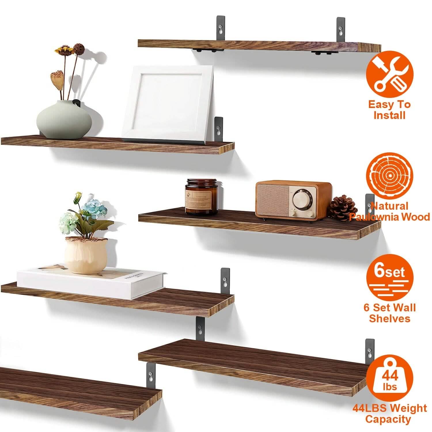 6-Piece Set: Wall Mounted Shelve Wood Storage Metal Bracket Display DailySale