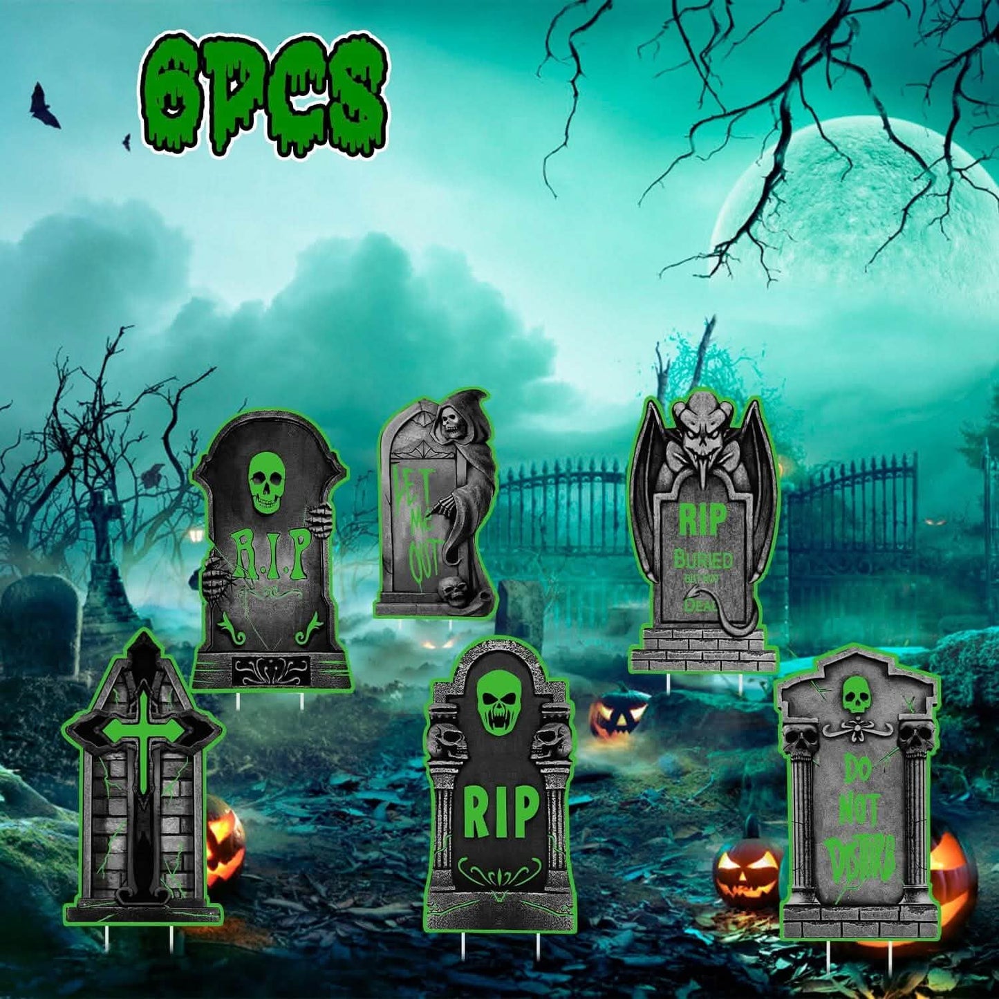 6-Pieces: Glow in the Dark Halloween Yard Sign Decorations with 12 Stakes DailySale
