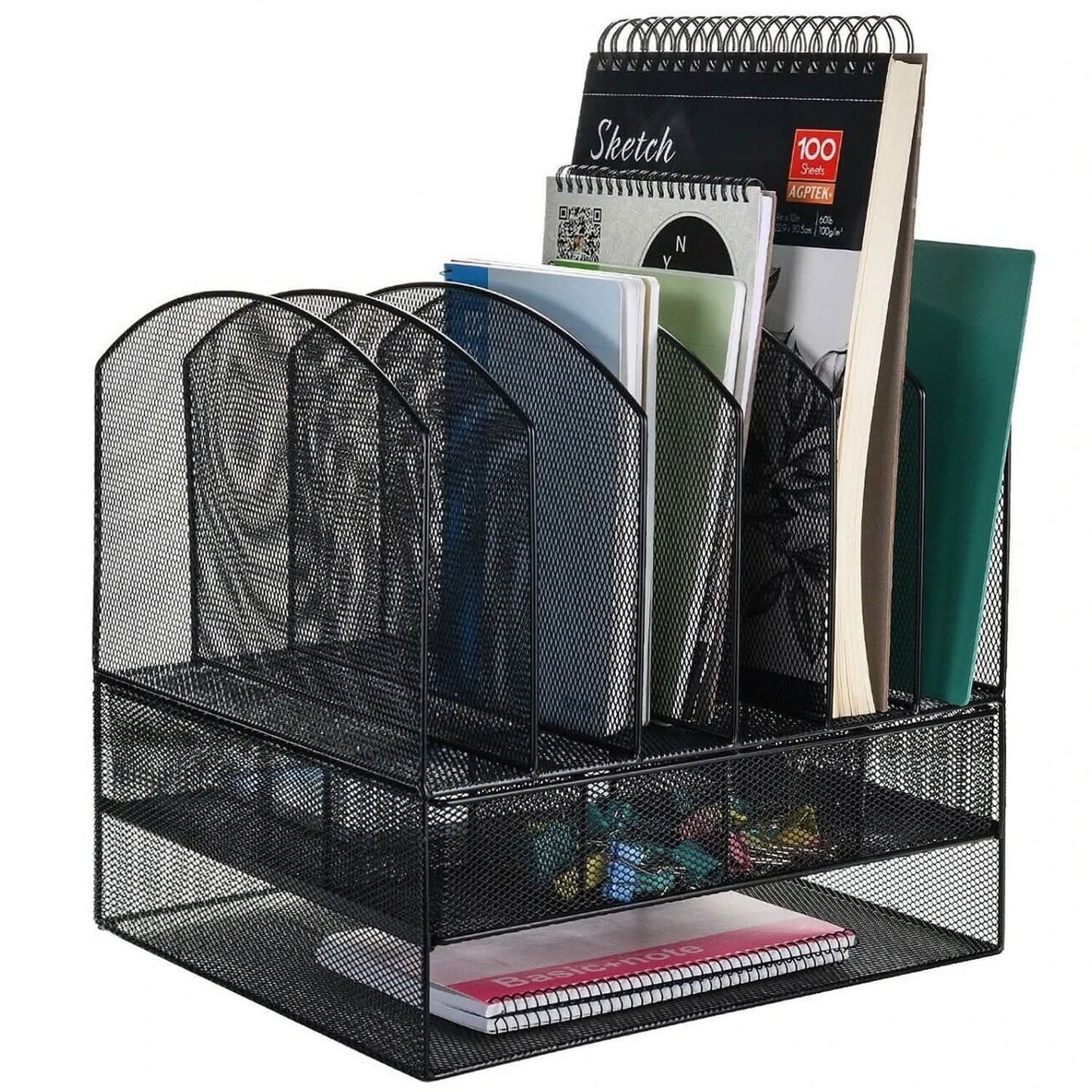 6 Trays 2 Tier Mesh Desk File Sorter Organizer Office Document Holder with Drawer DailySale