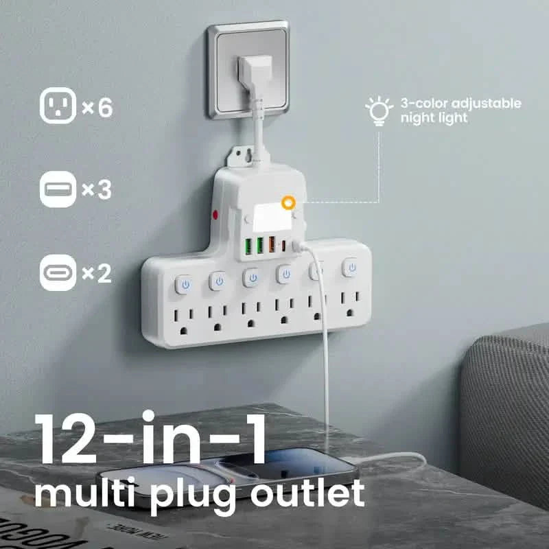 12-in-1 Adjustable Desk Lamp Power Strip – 6 AC Outlets, 3 USB-A & 2 Type-C Ports, Surge Protection DailySale