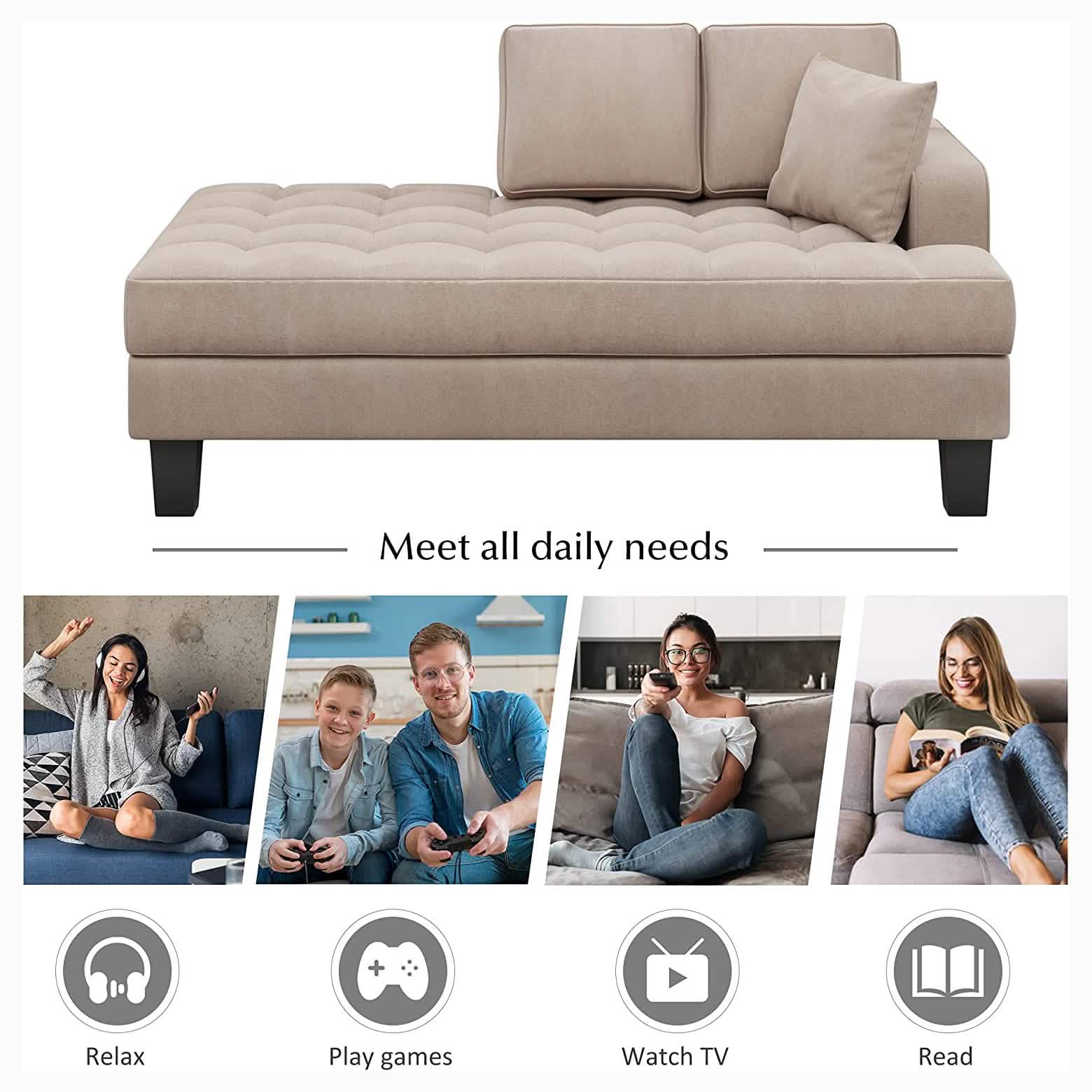 64" Deep Tufted Upholstered Textured Fabric Chaise Lounge Toss Pillow Included DailySale