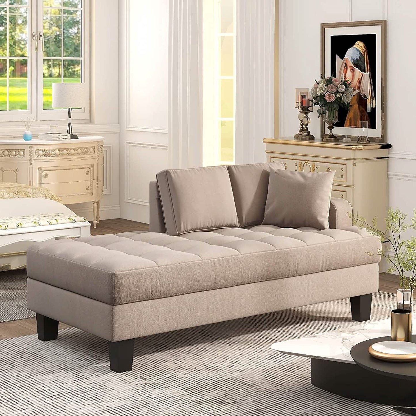64" Deep Tufted Upholstered Textured Fabric Chaise Lounge Toss Pillow Included DailySale