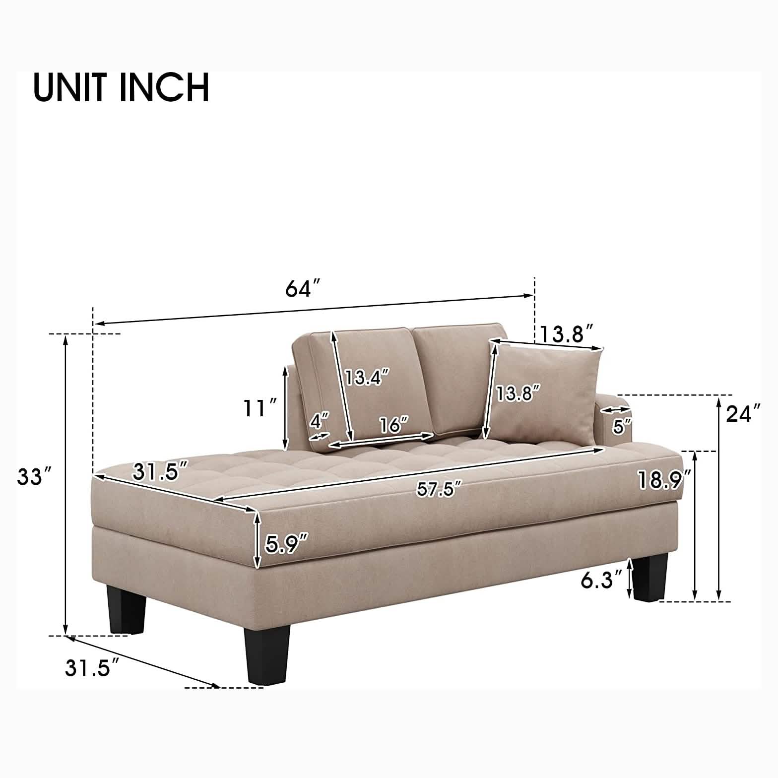 64" Deep Tufted Upholstered Textured Fabric Chaise Lounge Toss Pillow Included DailySale