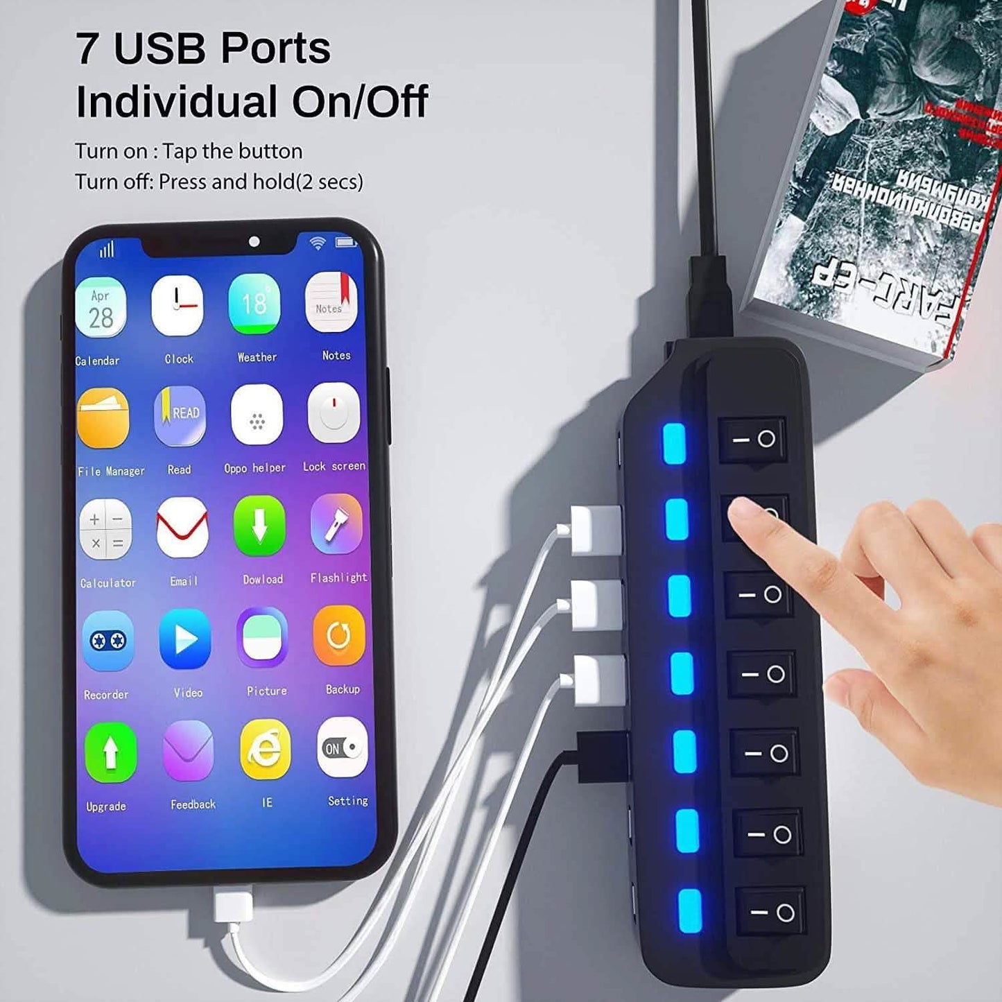 7 Port USB Data Hub 3.0 with Individual On/Off Switches and Lights DailySale