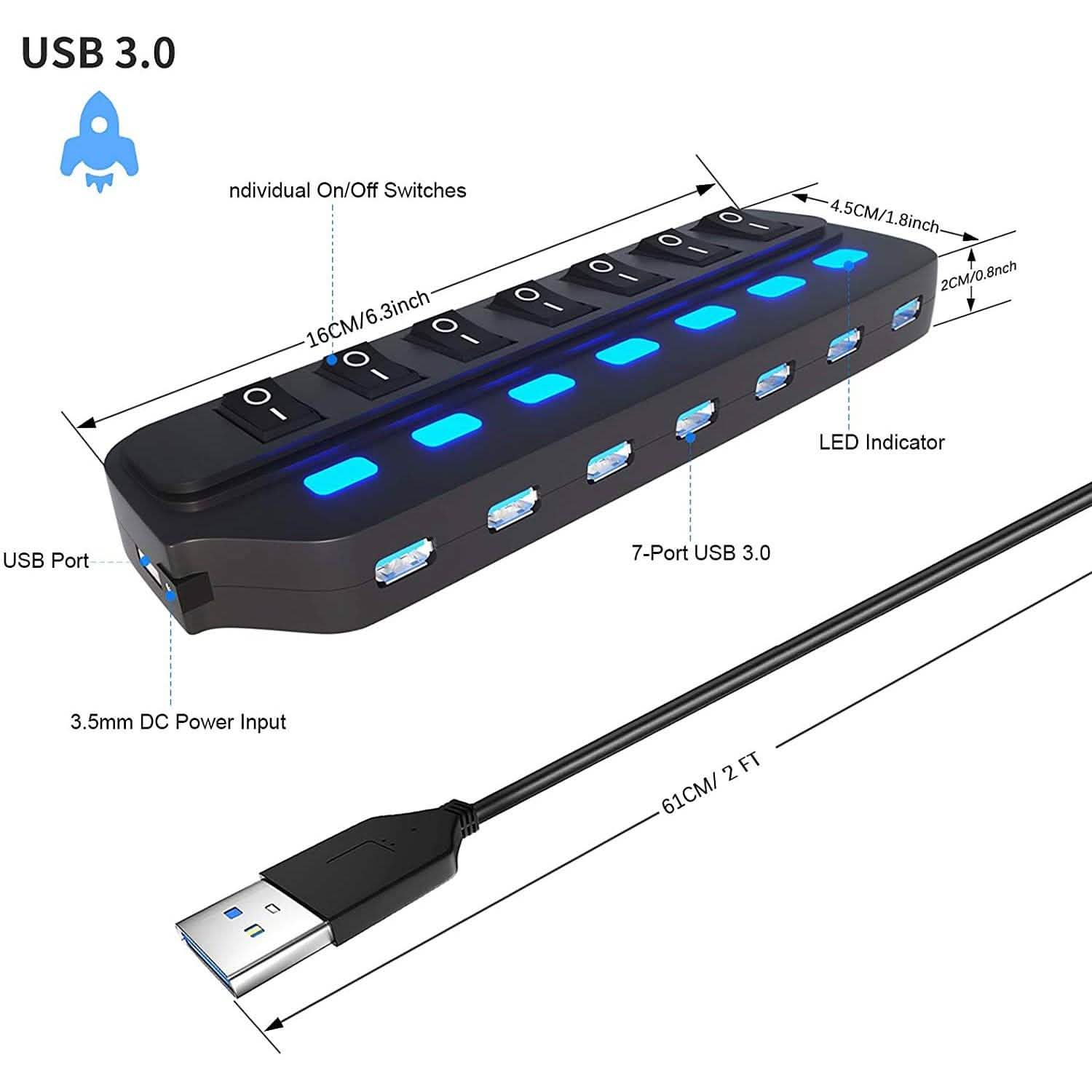 7 Port USB Data Hub 3.0 with Individual On/Off Switches and Lights DailySale