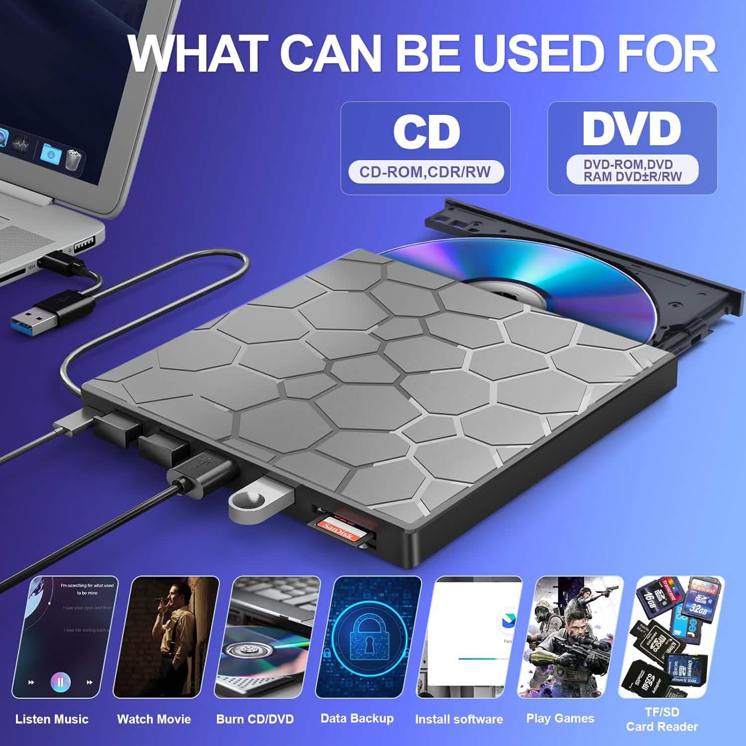 High-Speed USB 3.0 External CD/DVD Drive with Burner – Plug & Play, Windows & Mac Compatible DailySale