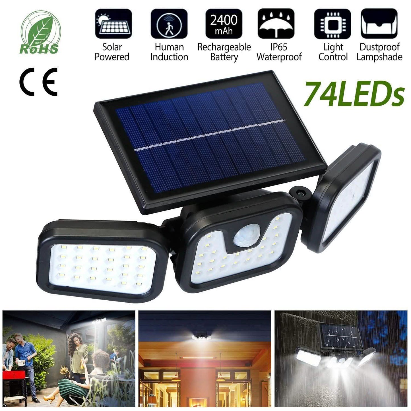 74 LEDs 3 Adjustable Solar Head Motion Sensor Flood Light DailySale