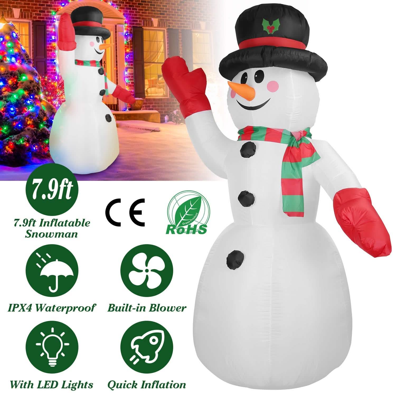 7.9ft Christmas Inflatable Giant Snowman Blow Up with LED Lights Hat Scarf DailySale