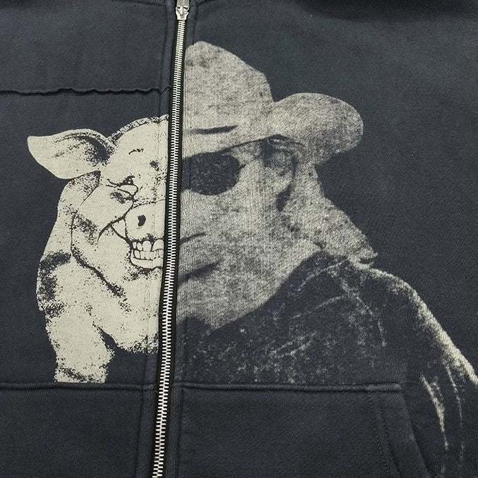 Cowboy Pig Graphic Oversized Hoodie - Vintage Zip-Up Streetwear | LuxuryUrbanwear - Luxuryurbanwear