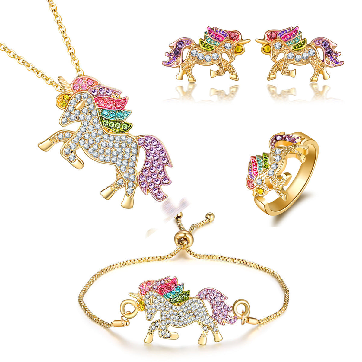 Colorful Cartoon-Themed Unicorn Earrings, Necklace, Ring & Bracelet Jewelry Set DailySale