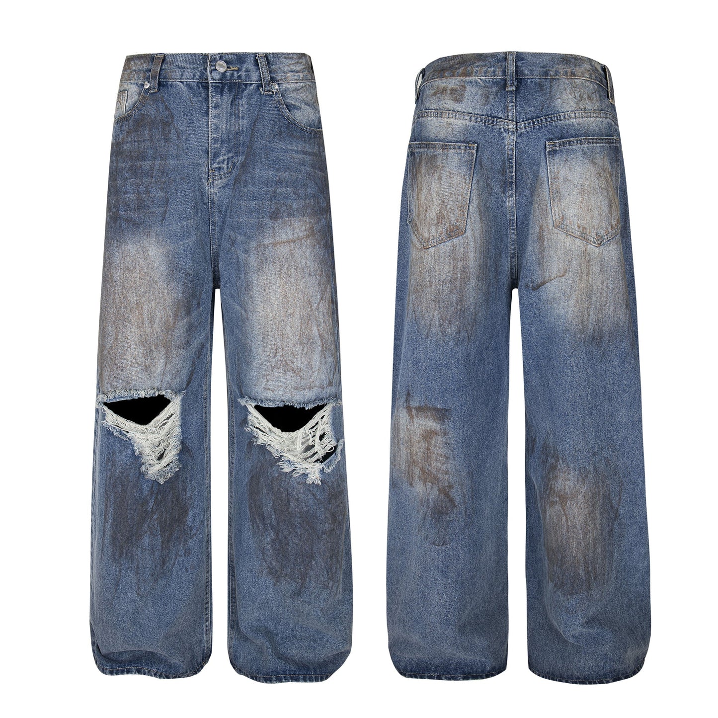 Destroyed Dirty Wash Denim Jeans - Grunge Aesthetic Distressed | LuxuryUrbanwear - Luxuryurbanwear