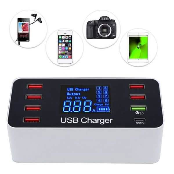 8A40W Charger Adapter Type C Hubs Quick Charge 3.0 USB Multi Port USB Charger Dock Station LCD Display with Smart Identification DailySale
