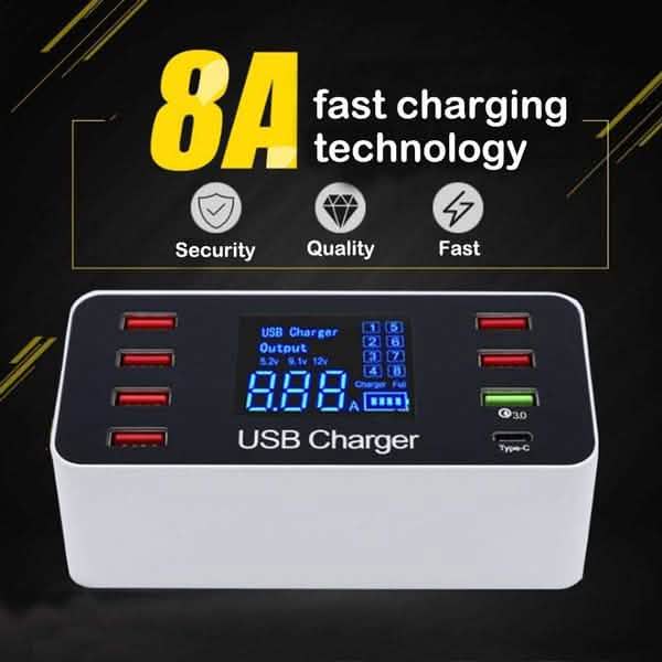 8A40W Charger Adapter Type C Hubs Quick Charge 3.0 USB Multi Port USB Charger Dock Station LCD Display with Smart Identification DailySale