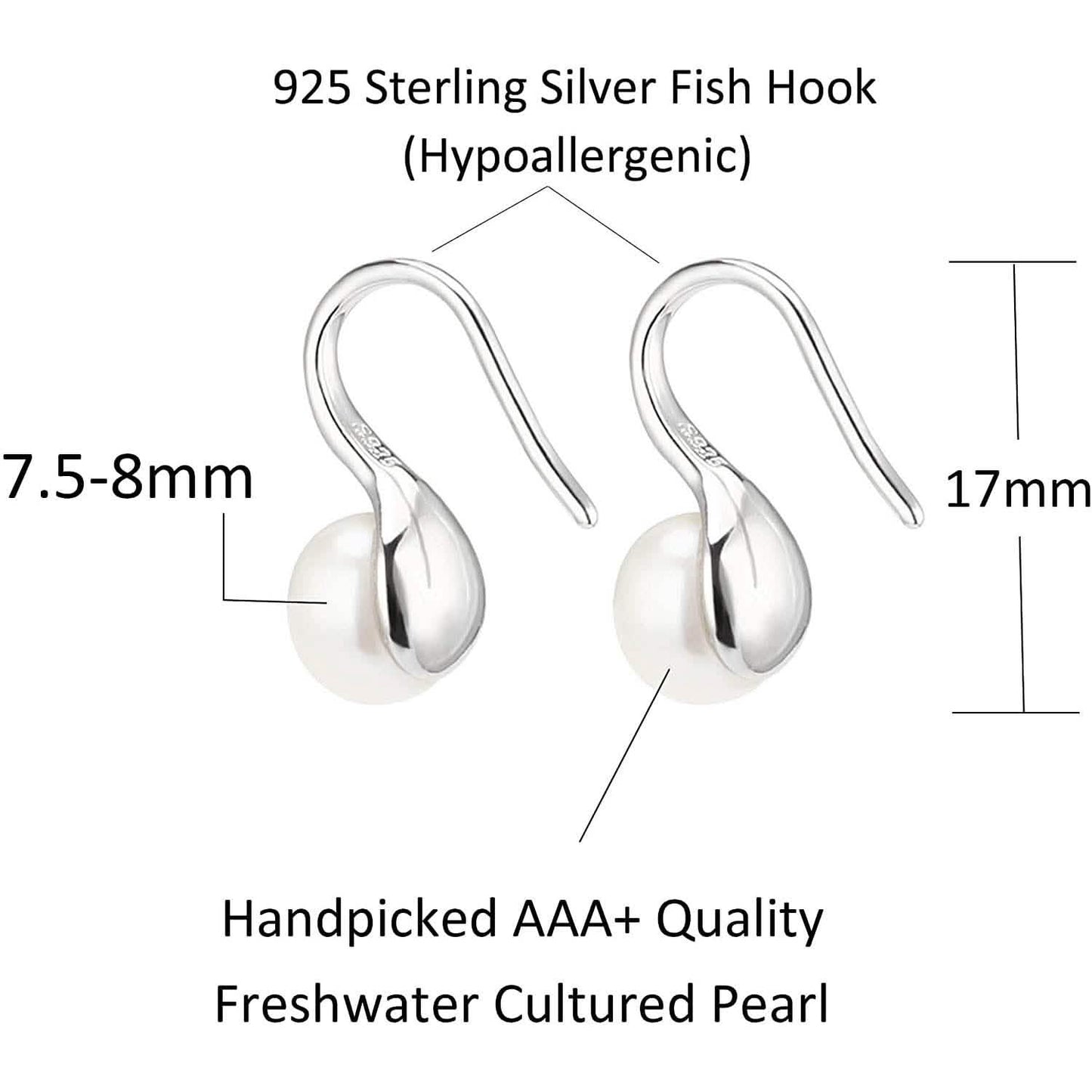 925 Sterling Silver 7.5-8mm White Freshwater Cultured Pearl Dangle Drop Earrings DailySale