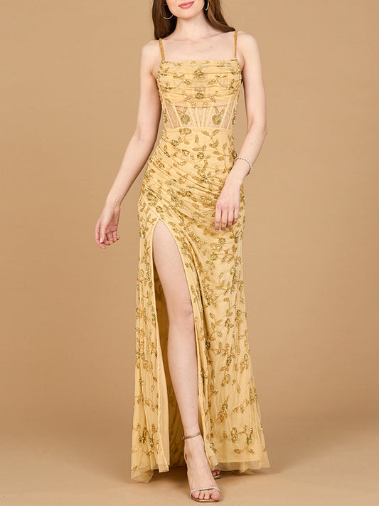 Beaded Corset Gown with Slit Lara New York