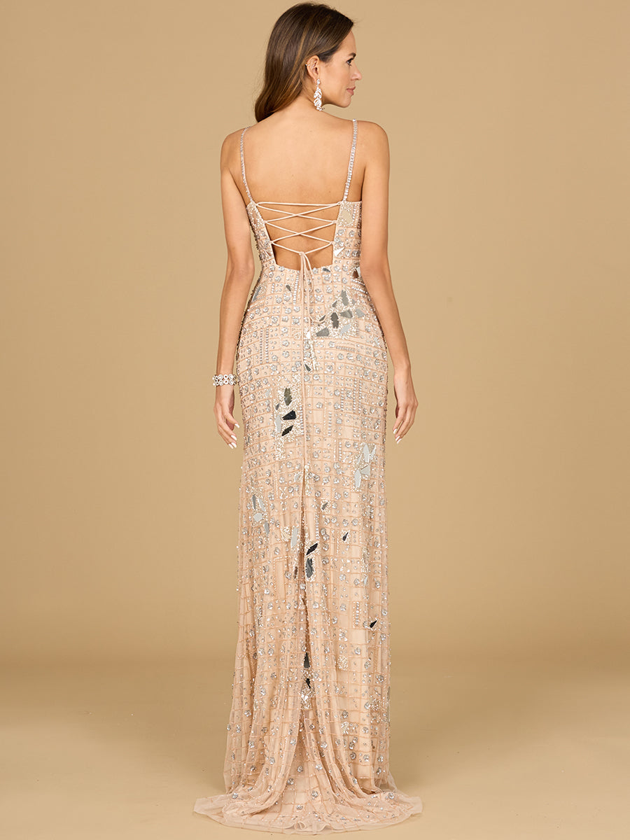 Mirror Beaded Gown With High Slit Lara New York