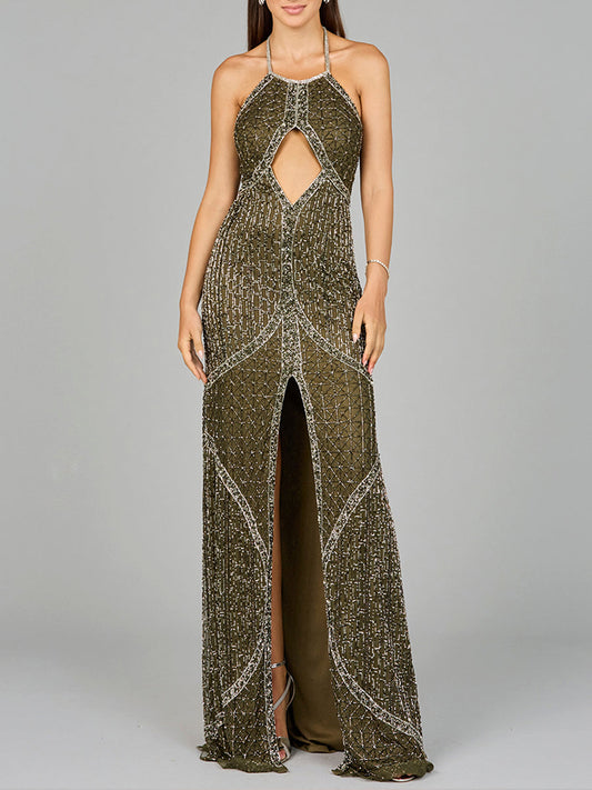 Symmetrical Halter Neck Beaded Gown - OUTLET Lara New York