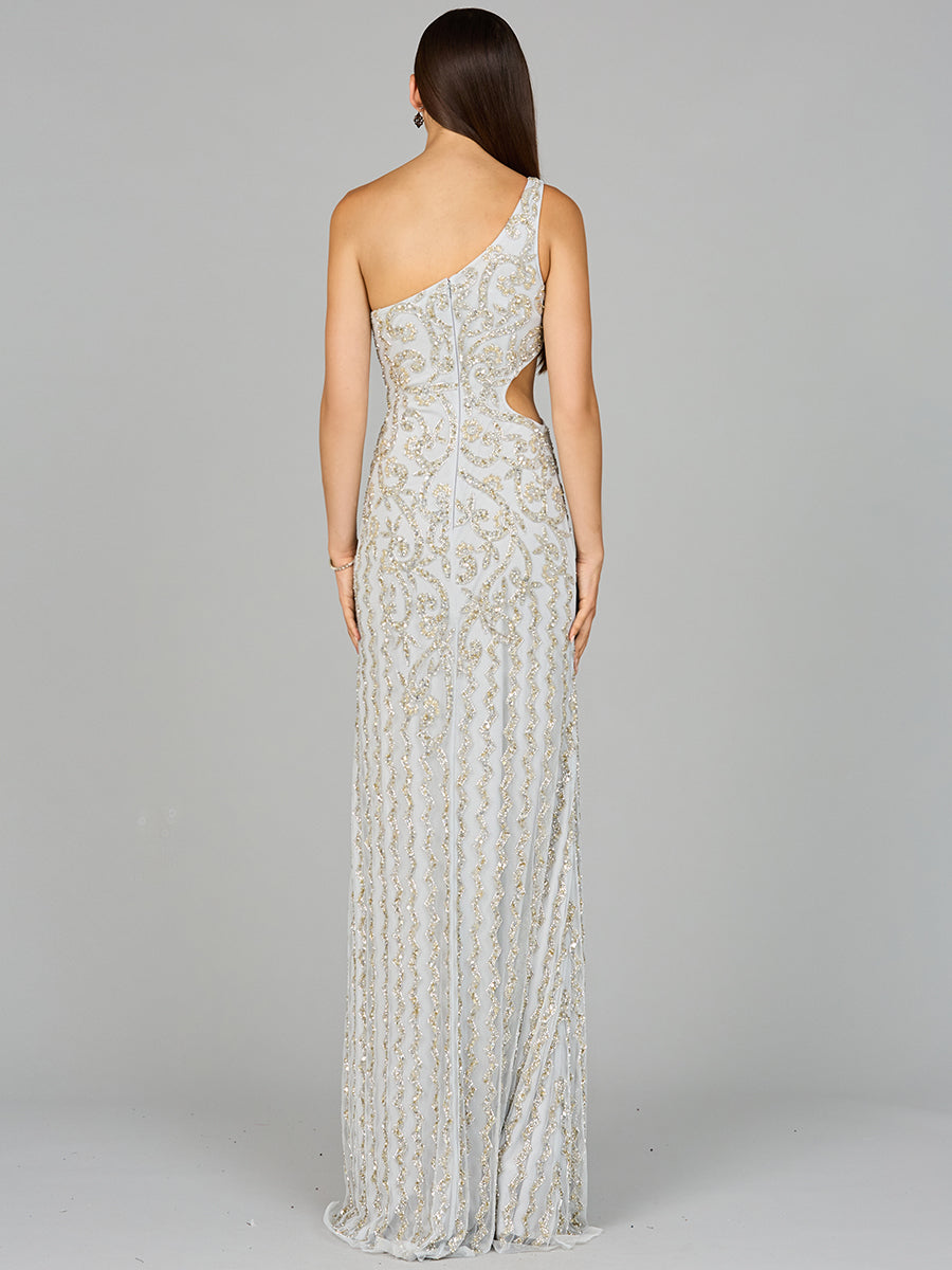 One-Shoulder Beaded Gown with Slit Lara New York