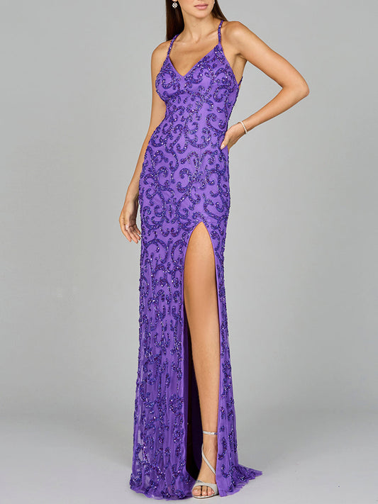 Sultry Beaded Gown with Slit Lara New York