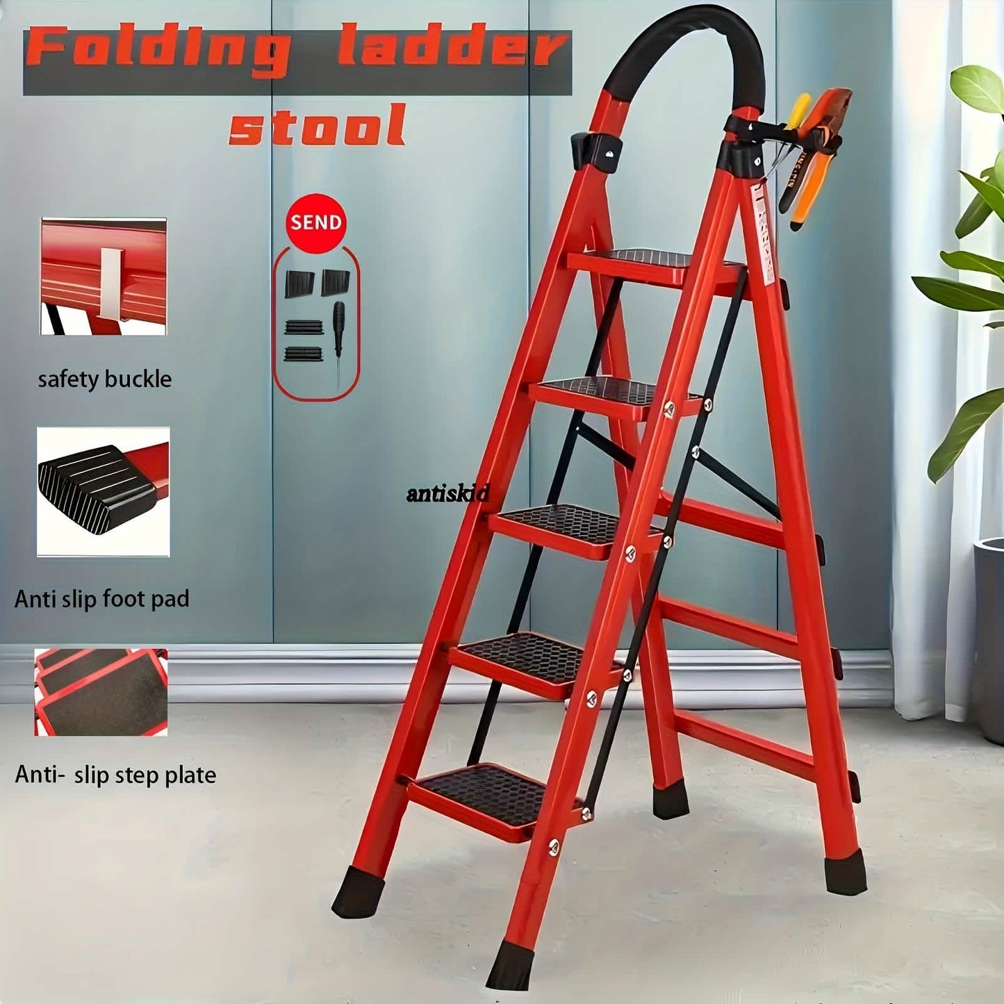 Folding 3/4-Step Ladder – Portable Steel Step Stool, Anti-Slip DailySale