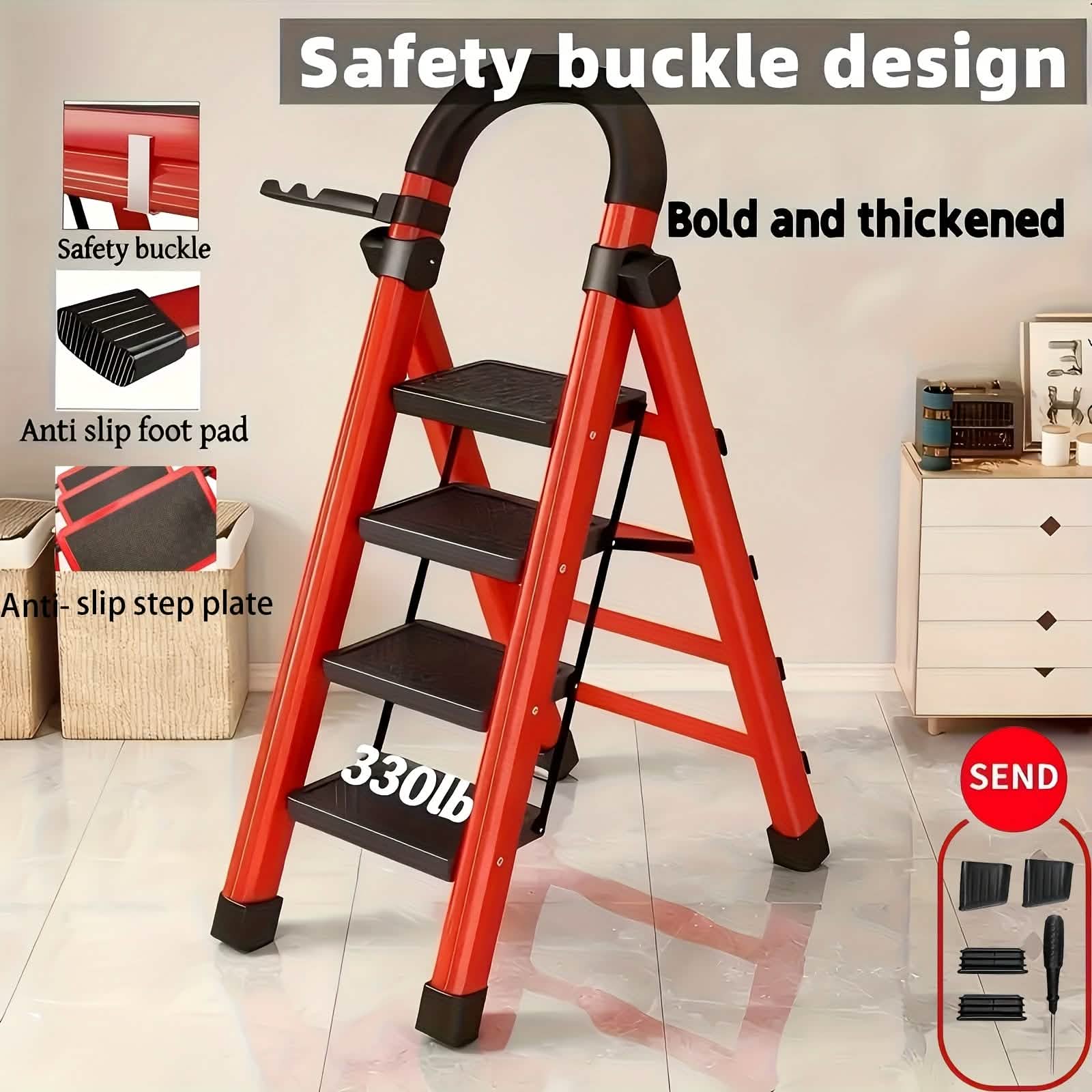 Folding 3/4-Step Ladder – Portable Steel Step Stool, Anti-Slip DailySale