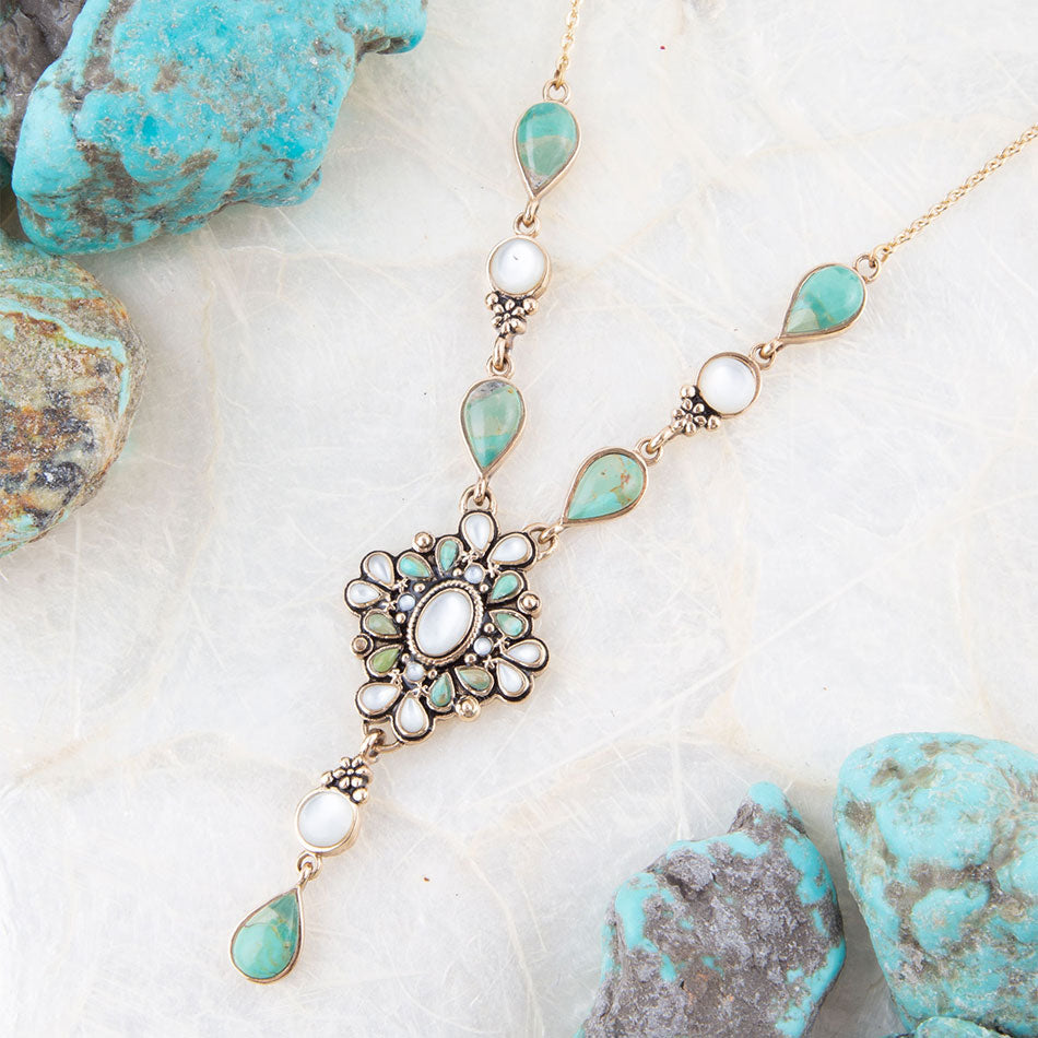 White Mother of Pearl and Blue Turquoise Golden Barcelona Y-Necklace Barse Jewelry
