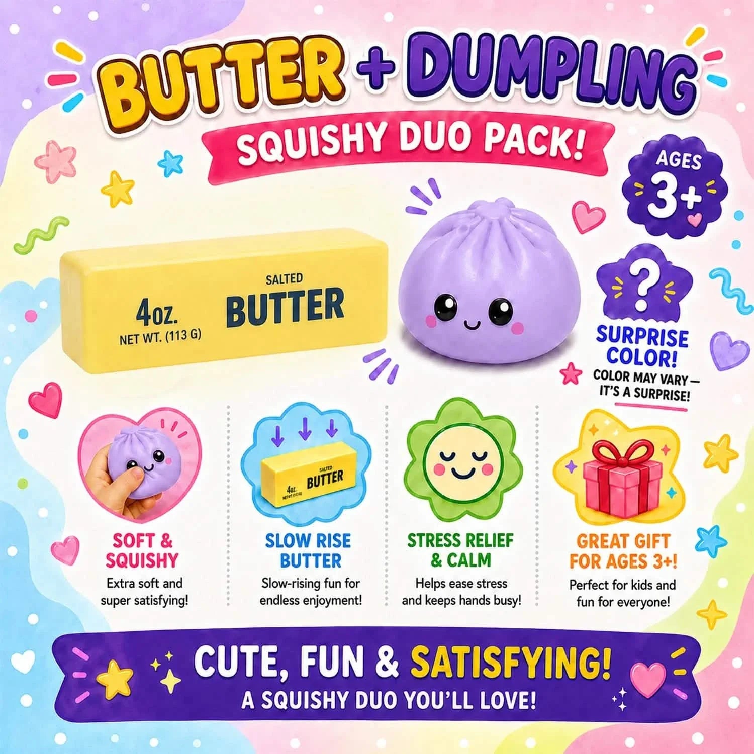 2-Pack: Squishy Dumpling & Butter Combo Pack – Slow Rising Fidget Toys DailySale