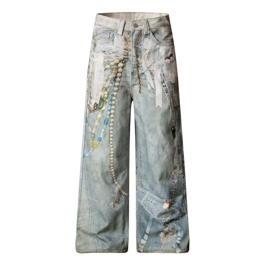 LUW 3D Digital Printed Chain Wide Leg Jeans - FASHIONBUY