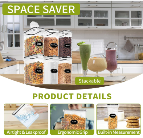 4-Piece Set: Airtight Cereal Storage Containers with Pour Spouts & Measuring Cup – 4L Kitchen Pantry Organizer DailySale