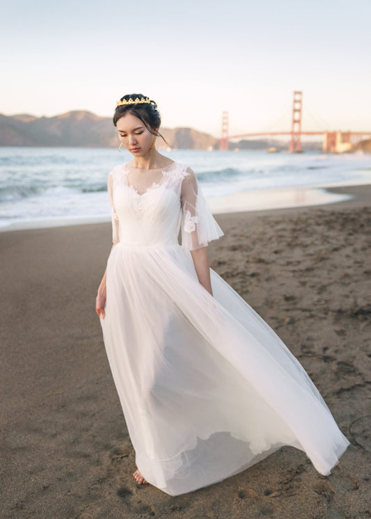 Short Sleeves A-line light-weight lace applique tulle mini wedding dress SelenaHuanStudio